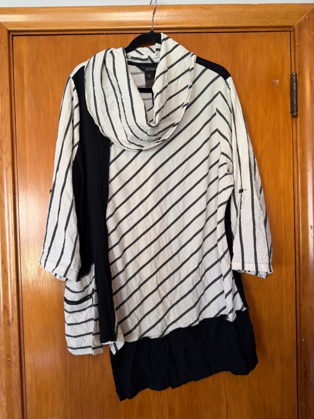 Ali Miles Black and White Striped Tunic with Cowl Neck